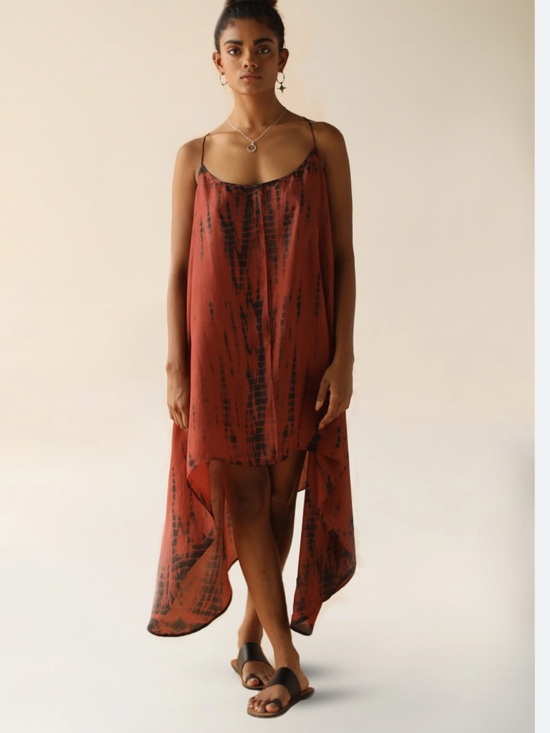 FARA Zen Silk High Low Dress Sz S/M red shibori tie dye beachy - Picture 2 of 11